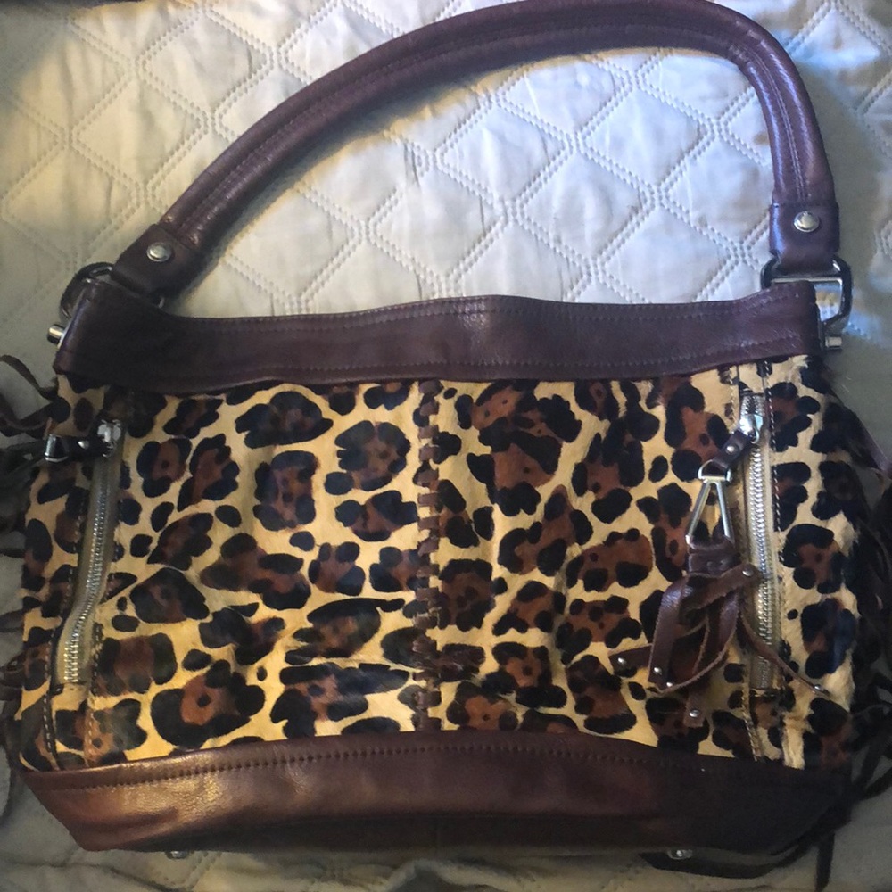 B.Makowsky Leopard Print & Fringe Bag Euc - image 1